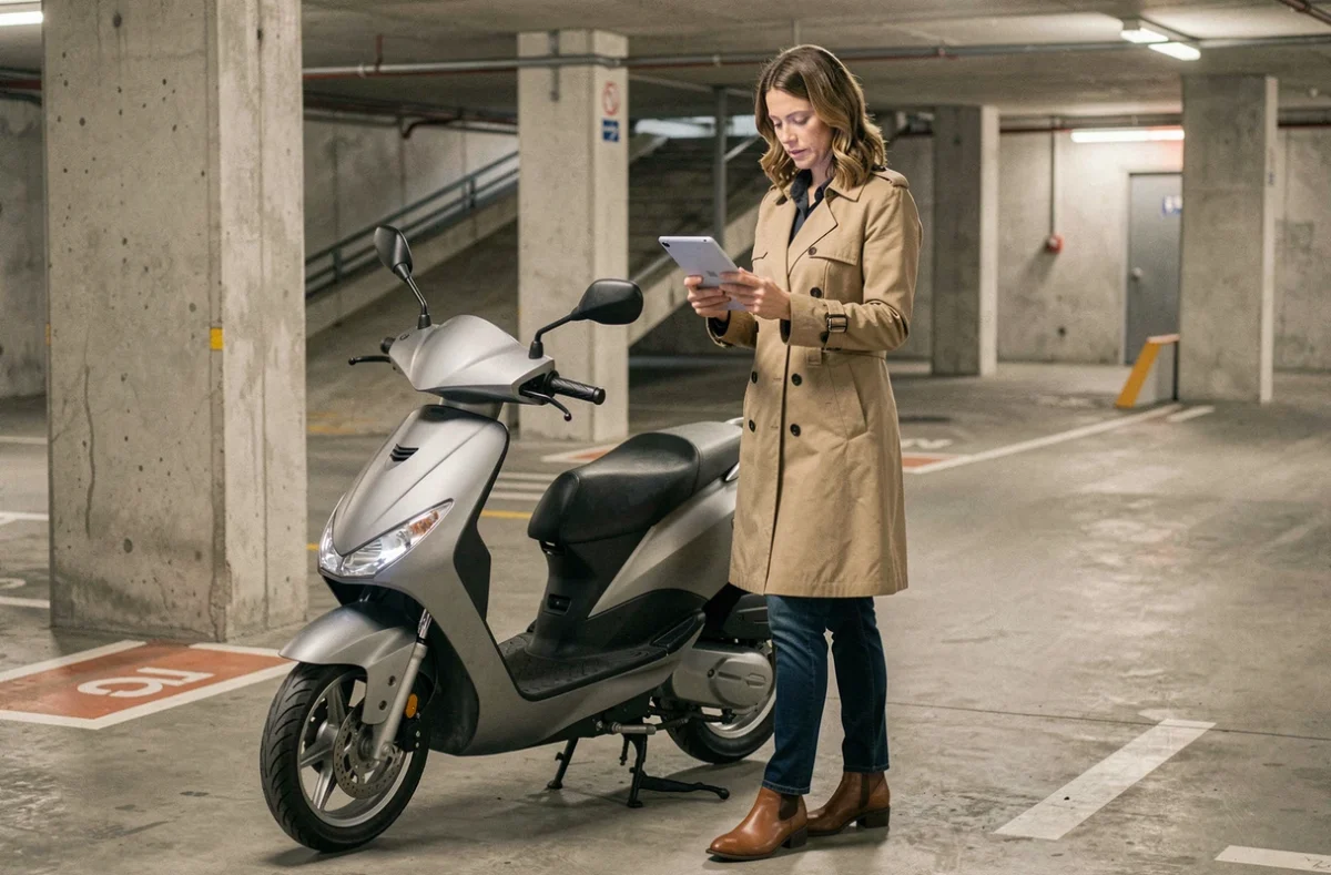 Femme consultant une tablette à côté d'un scooter 3 roues dans un parking, symbolisant la comparaison de prix d'assurance