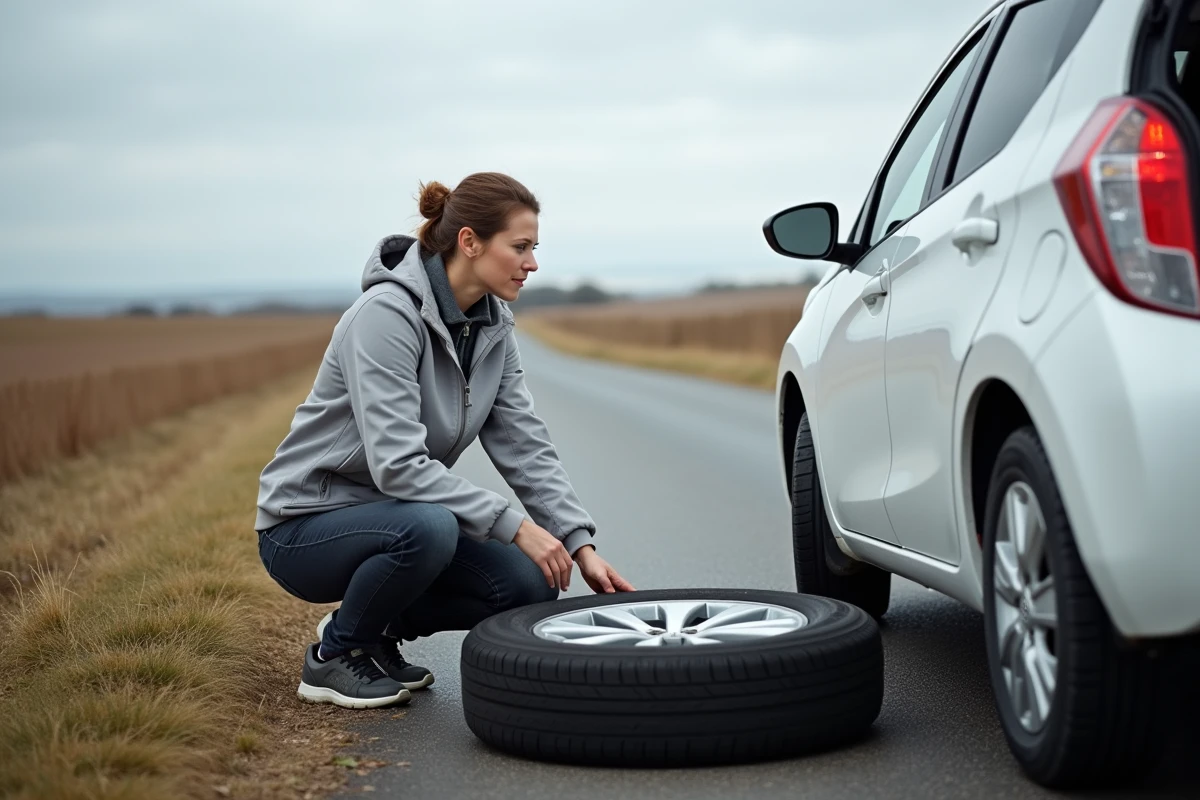 Femme comparant un pneu crevé et une roue de secours pleine grandeur sur le bord d'une route rurale