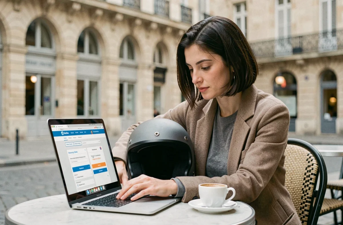Femme comparant des offres d'assurance moto en ligne dans un café à Reims