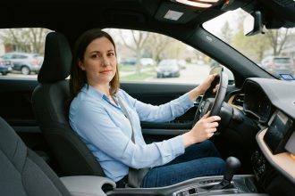 Femme conduisant une voiture automatique, mains sur le volant, levier de vitesse automatique visible en premier plan