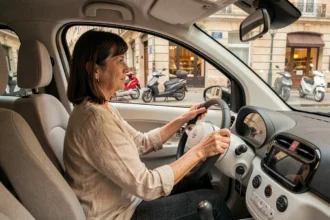 Femme conduisant une voiture sans permis en ville, mains sur le volant, tableau de bord visible