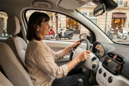 Femme conduisant une voiture sans permis en ville, mains sur le volant, tableau de bord visible