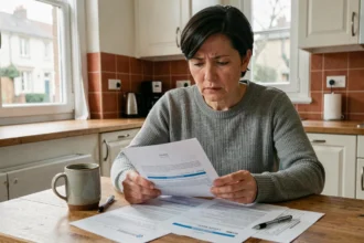Femme consultant son contrat d'assurance auto à la maison, enquête 60 millions de consommateurs