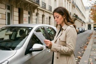 Femme consultant son contrat d'assurance voiture dans une rue parisienne à côté d'une voiture compacte