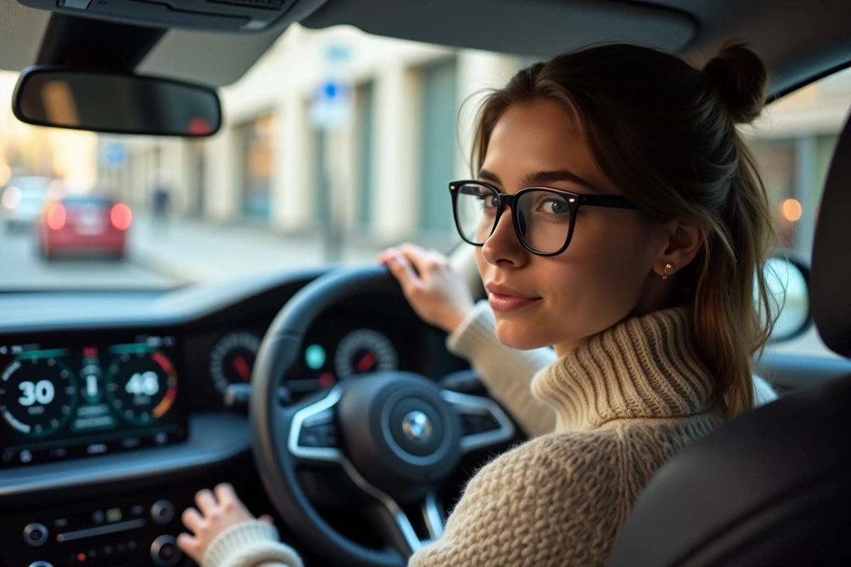 Jeune femme regardant le tableau de bord de sa voiture