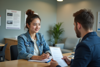 Jeune femme remettant un dossier de documents de voiture à un agent