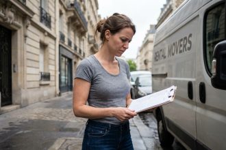 Femme organisant un déménagement à Paris devant un camion de location avec un immeuble haussmannien en arrière-plan