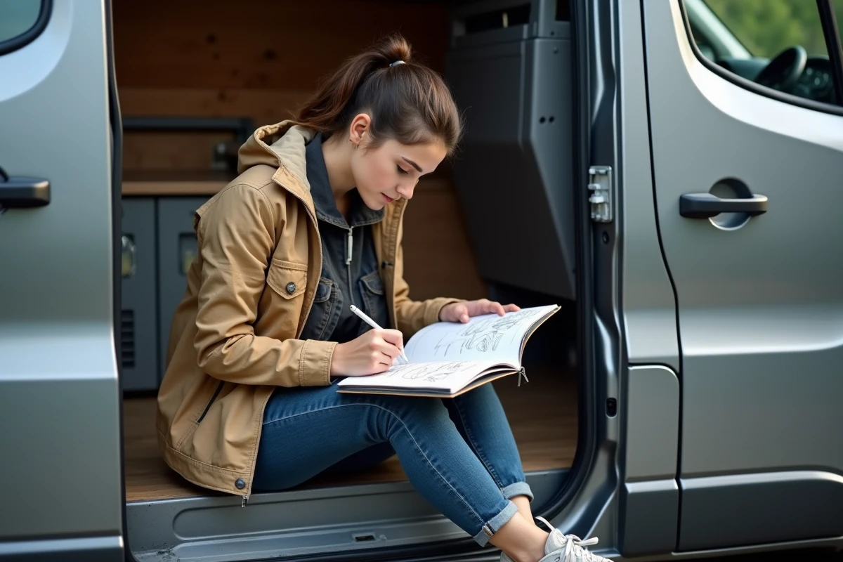 Femme esquissant des notes dans un van en conversion
