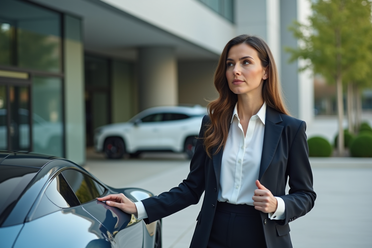 Femme confiante à côté d'une voiture électrique moderne