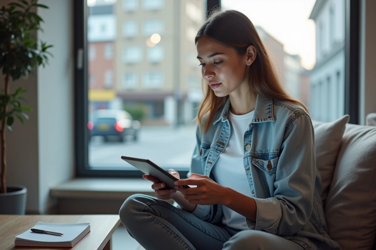 Jeune femme s'entraînant aux questions du permis de conduire sur une tablette avec un PDF d'examen