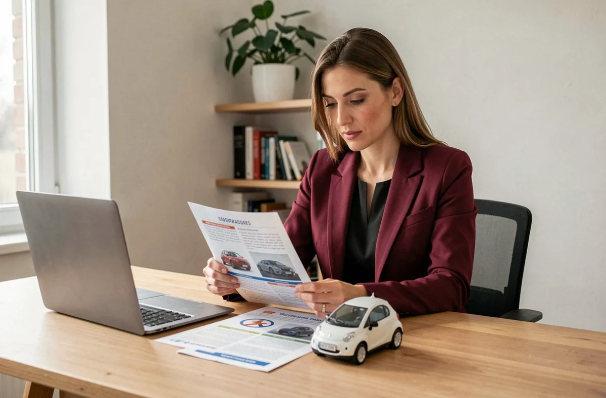 Femme étudiant les réglementations de conduite d'une voiture sans permis à son bureau à domicile
