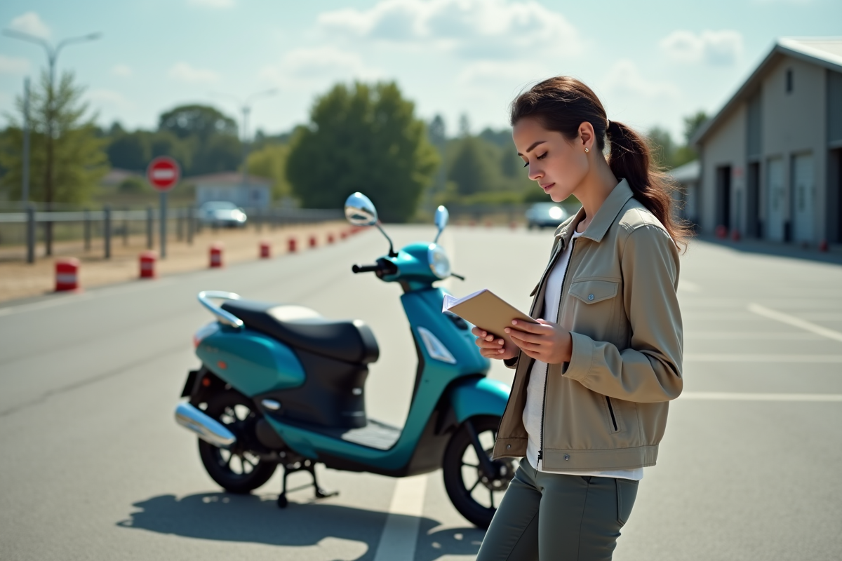 Femme vérifiant son permis moto devant une XADV dans un centre