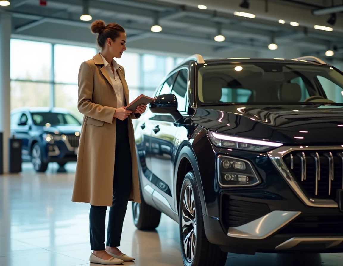 Femme européenne examinant un SUV chinois dans une salle d'exposition automobile moderne