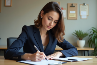 Femme en costume remplissant un formulaire officiel dans un bureau français