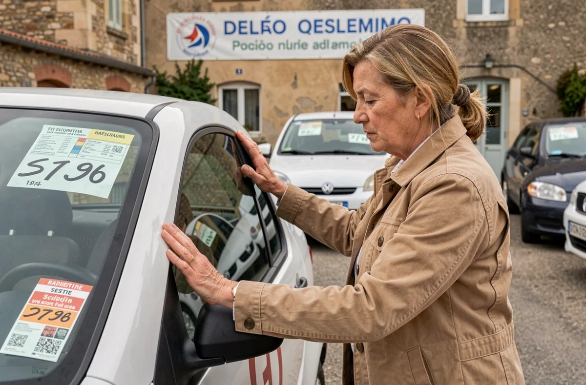 Femme inspectant une voiture sans permis d'occasion chez un concessionnaire de l'Aisne