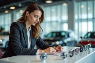 Femme élégante examinant logos de voitures dans un showroom