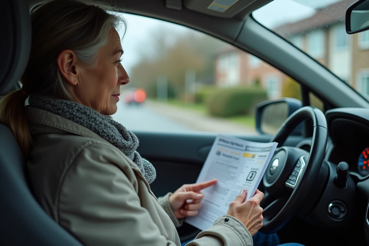 Femme lisant un manuel de voiture avec alerte d