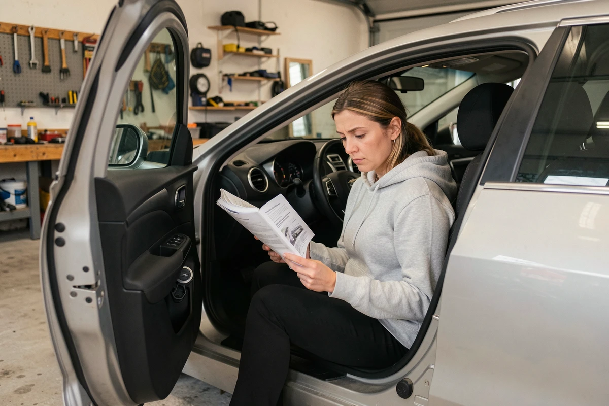 Femme consultant le manuel de son véhicule pour vérifier la compatibilité avec le carburant éthanol