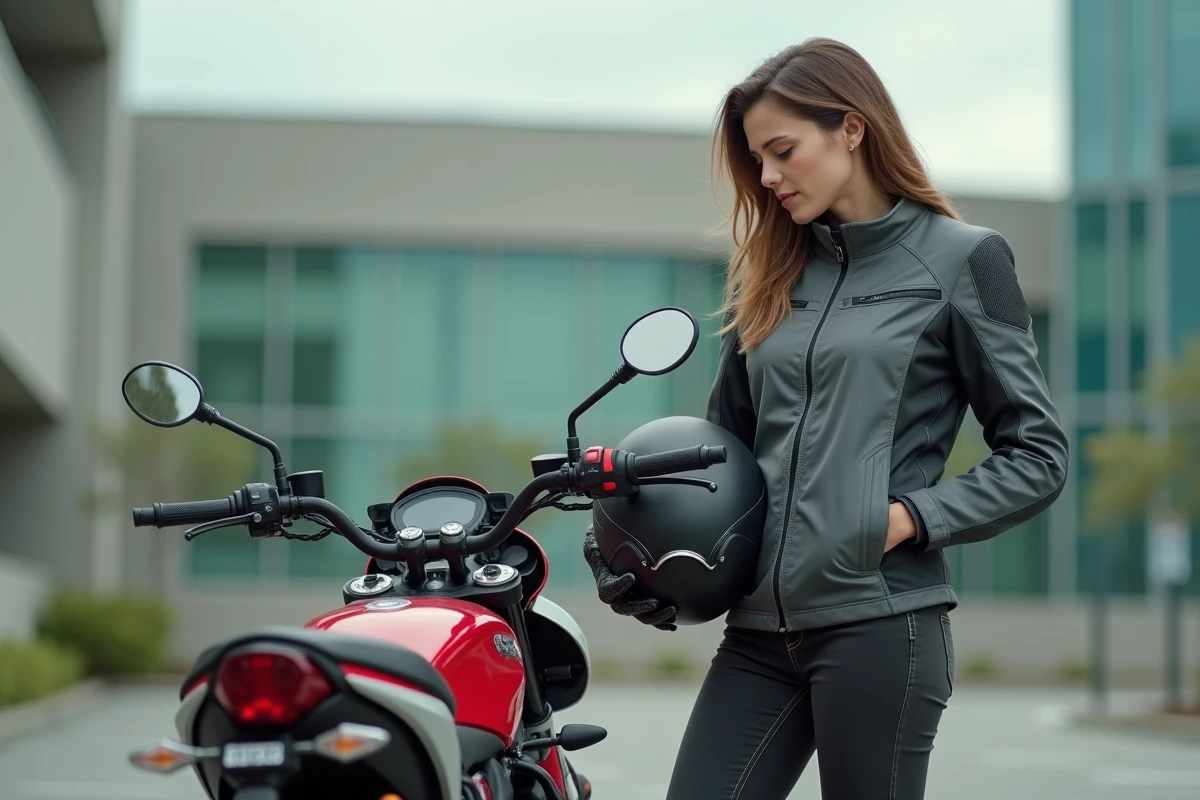 Femme motarde en veste grise examinant le tableau de bord d'une moto A2 rouge et graphite dans un parking moderne