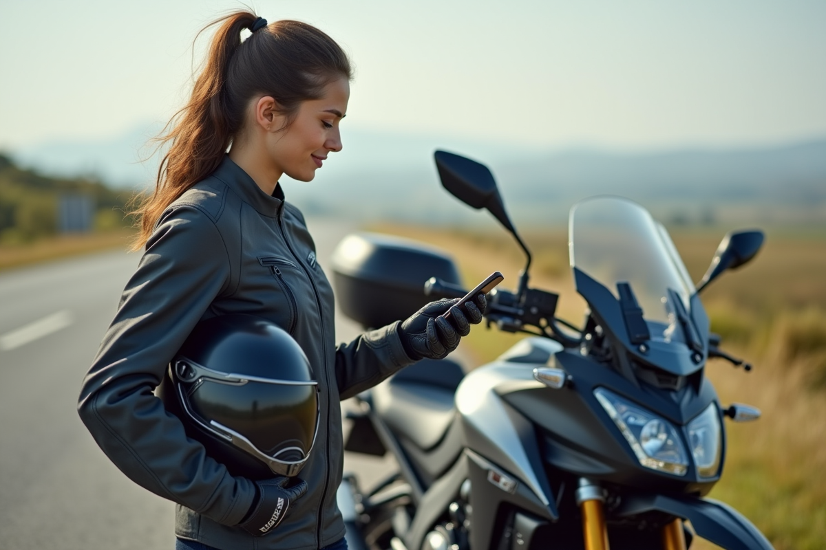 Femme en équipement de moto regardant son smartphone