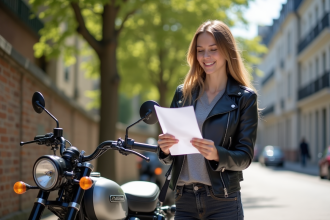 Femme souriante près de sa moto en ville