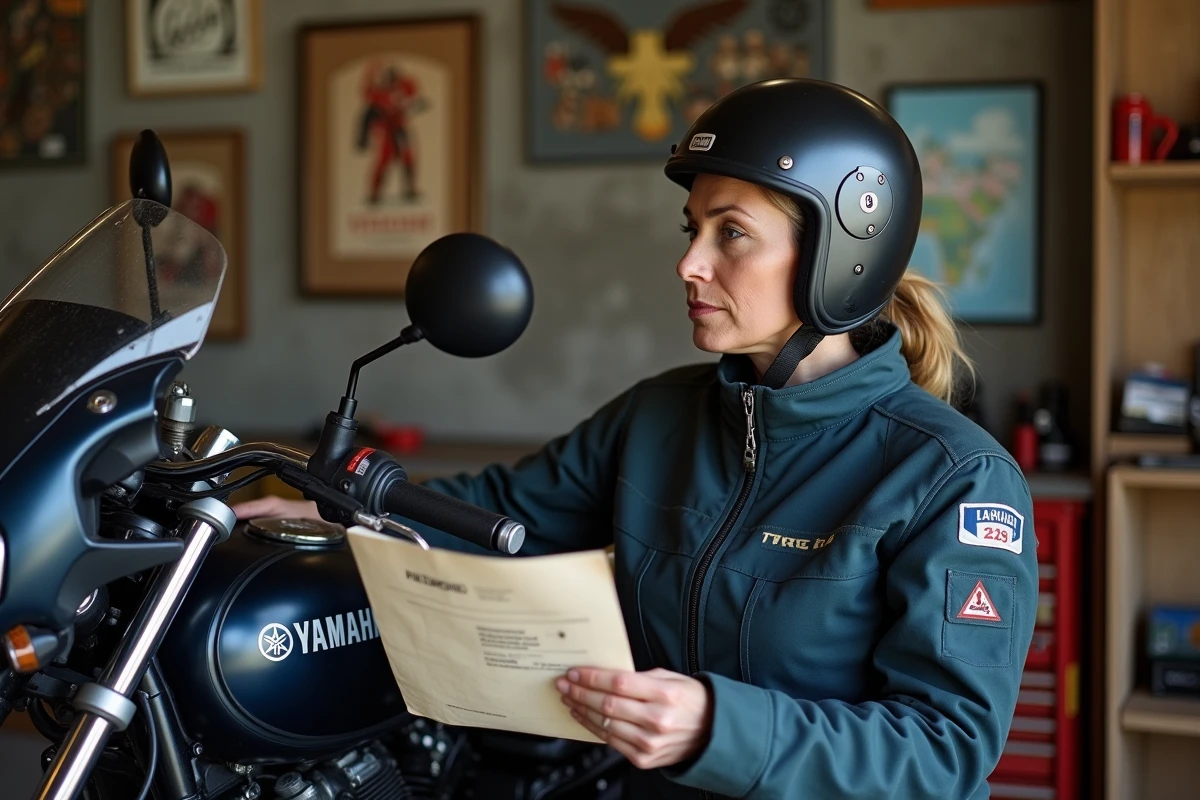 Femme motorcycliste tenant un manuel dans un garage