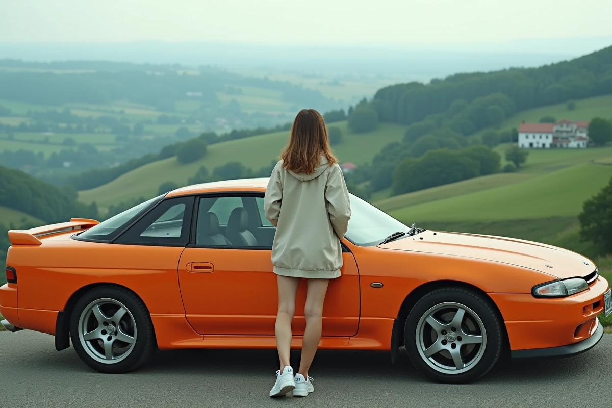 Femme jeune près de sa Nissan Silvia dans un paysage rural