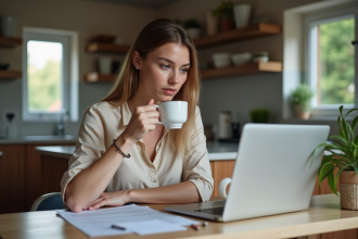 Jeune femme vérifiant documents d'assurance voiture à la maison