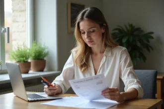 Femme examinant factures et documents administratifs à la maison