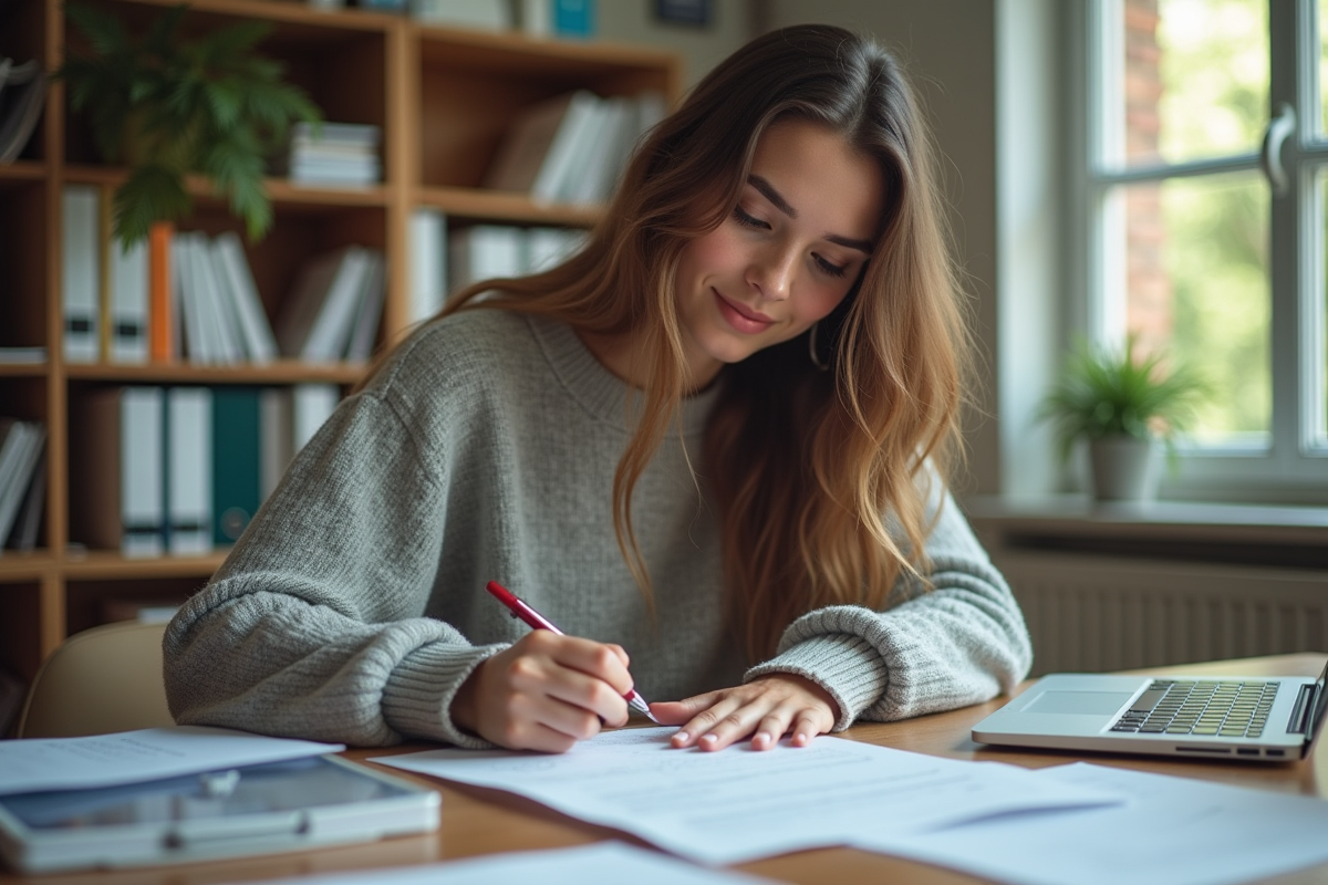 Jeune femme remplissant documents d'immatriculation automobile