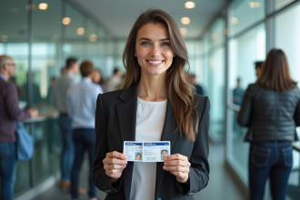 Femme souriante tenant ses anciens et nouveaux permis de conduire