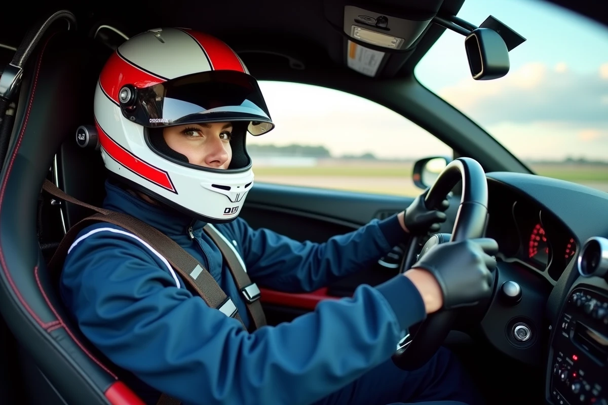 Femme pilotant une voiture de sport sur circuit lors d'un stage de pilotage professionnel