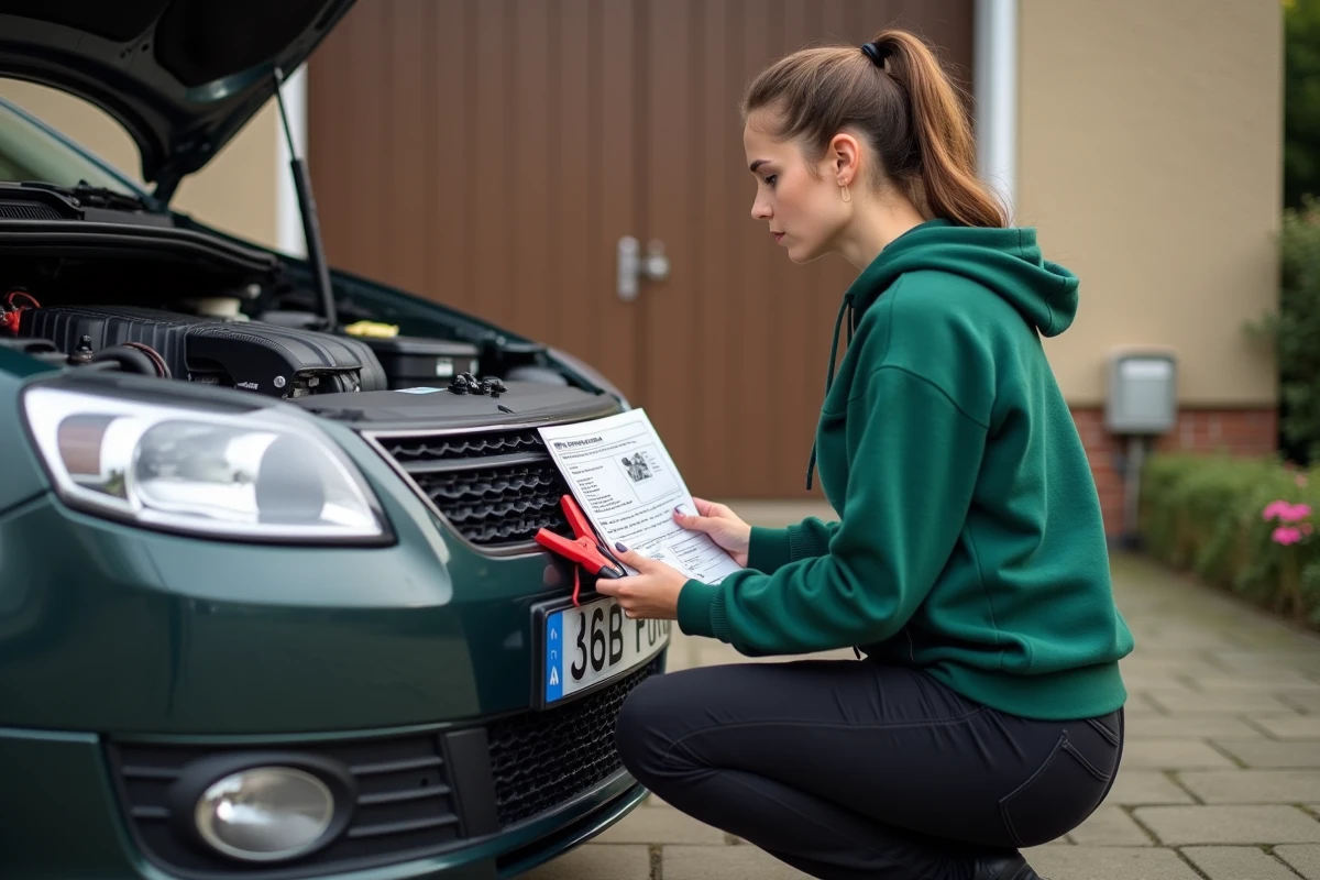Femme en hoodie vert prépare câbles pour voiture