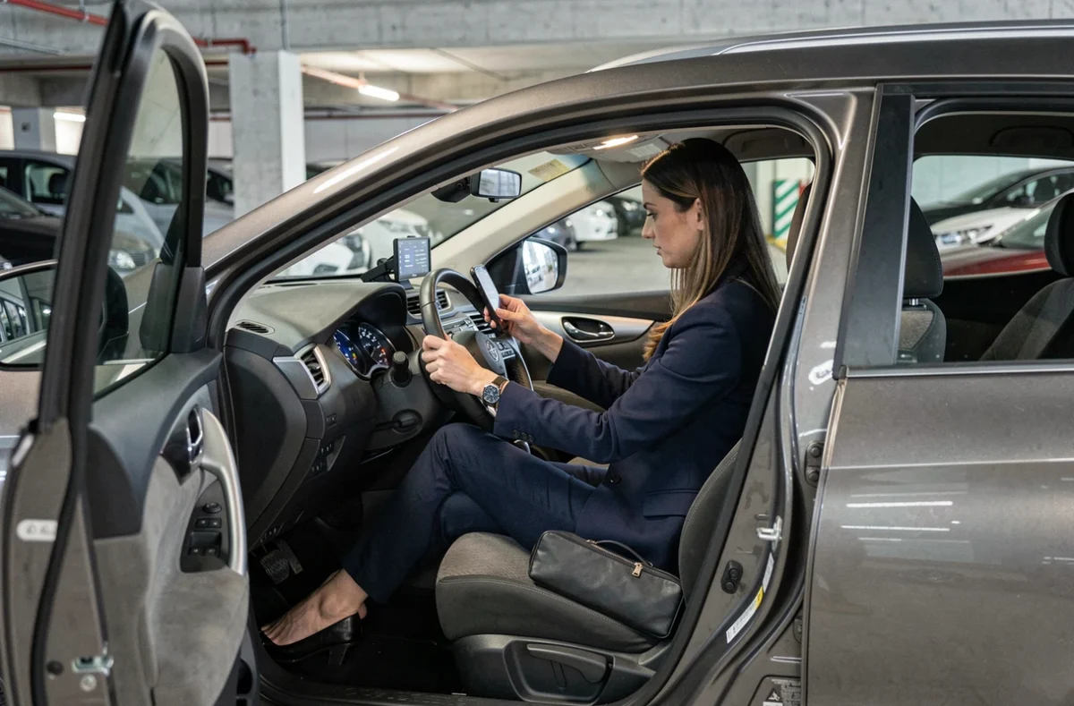 Femme professionnelle assise au volant d'un Nissan Qashqai graphite dans un parking souterrain avec un sac d'ordinateur sur la banquette