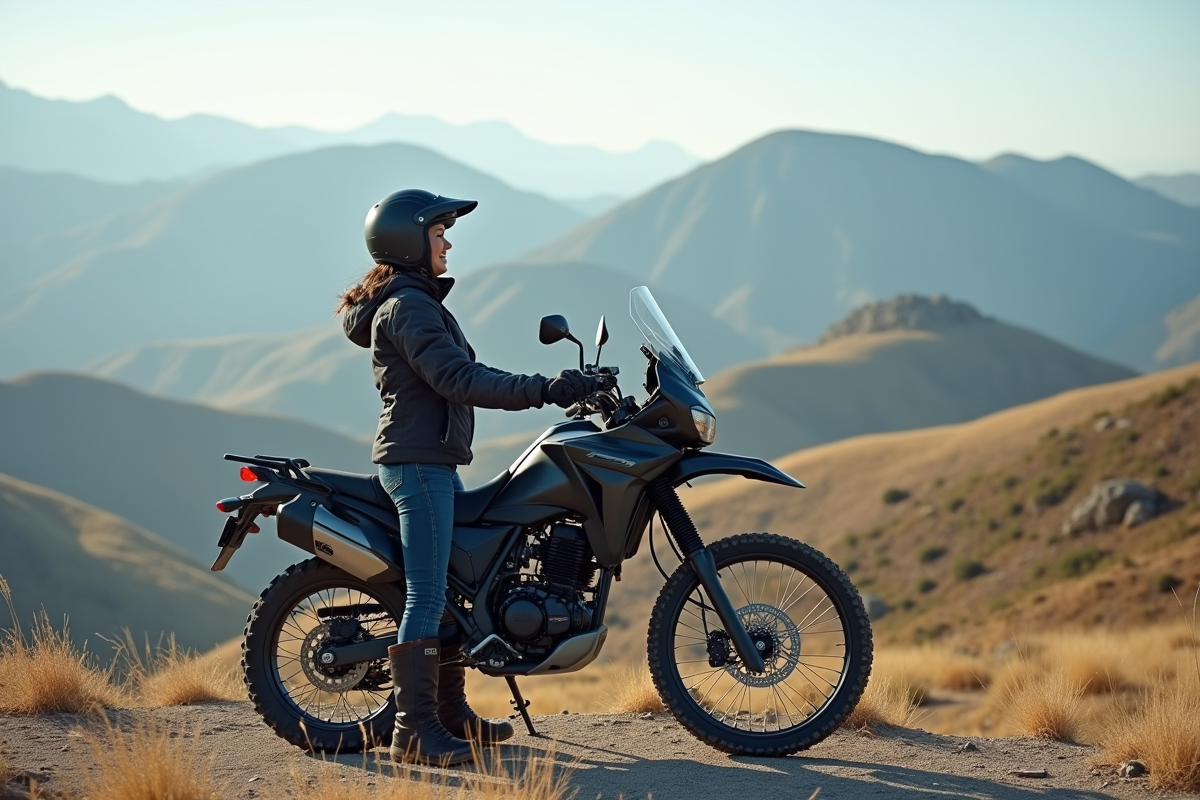 Femme en moto sur un sommet rocheux avec paysage panoramique