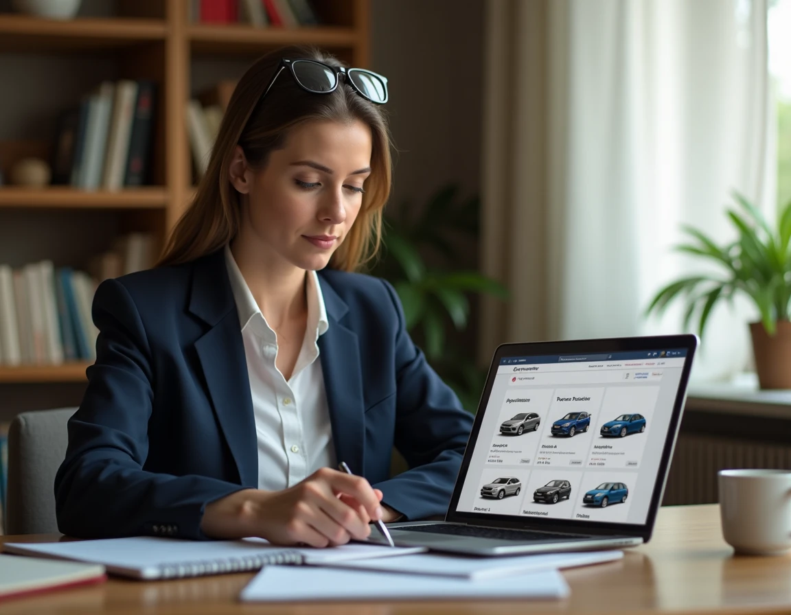 Femme recherchant une voiture d'occasion sur un site spécialisé par marque depuis son bureau à domicile