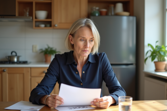 Femme réfléchie en blouse navy dans une cuisine lumineuse