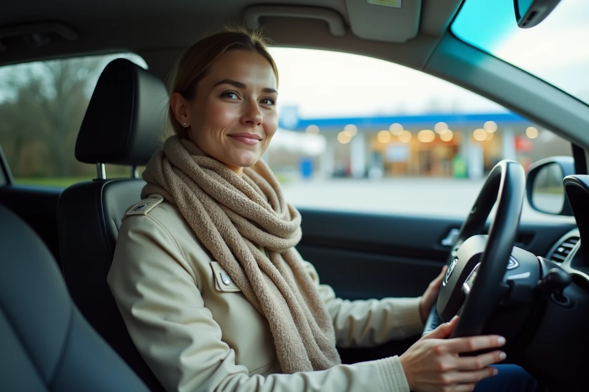 Jeune femme détendue dans sa voiture après le plein