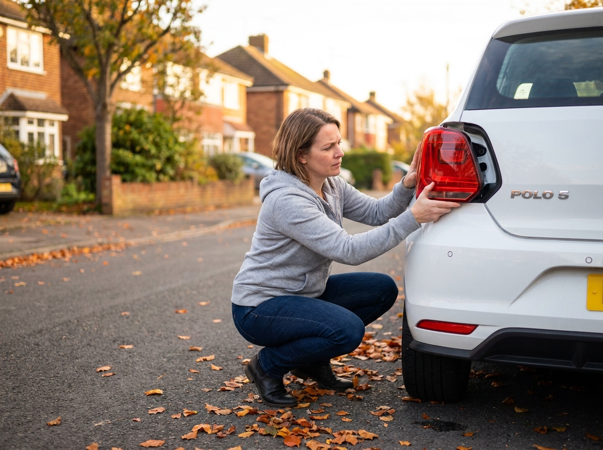 Femme remplaçant elle-même le feu arrière de sa Volkswagen Polo 5 dans la rue