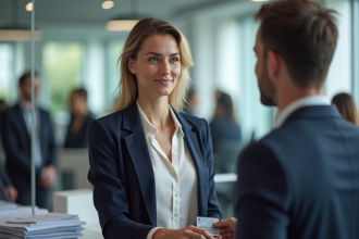 Femme remettant son permis de conduire à un guichet