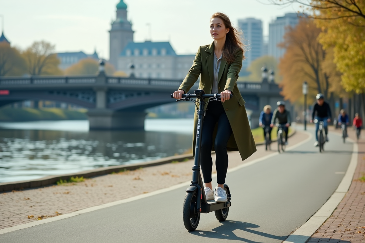 Femme en trench vert roulant en ville au bord de l