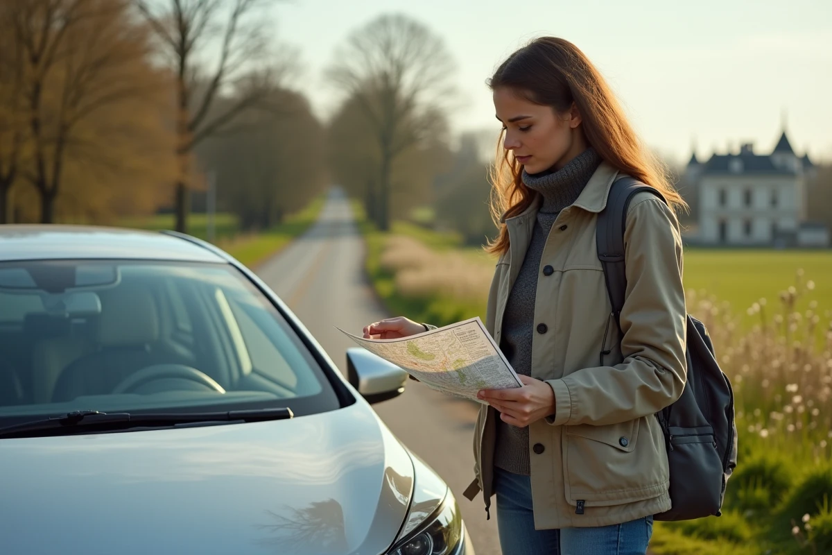 Jeune femme examinant une carte près de sa voiture dans la campagne