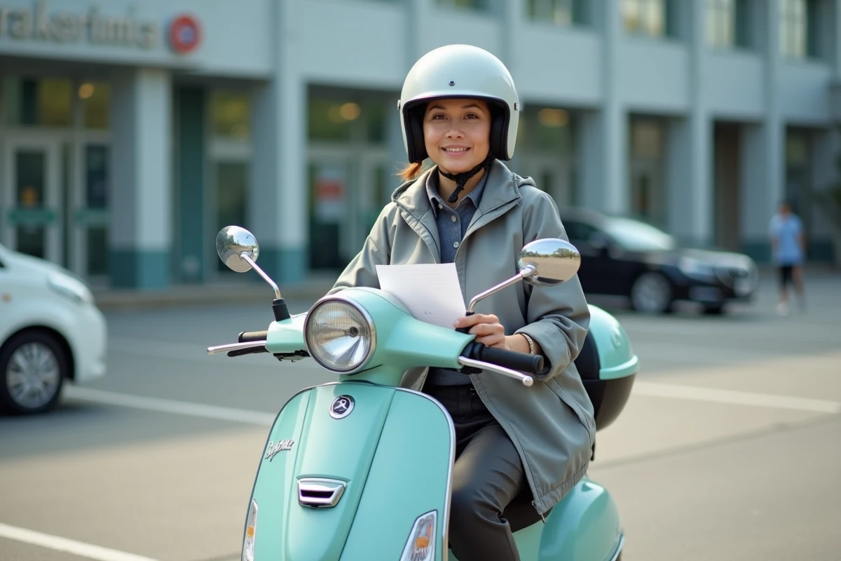 Femme adulte assise sur un scooter 50cc dans un parking, tenant des documents d'immatriculation devant un bâtiment administratif