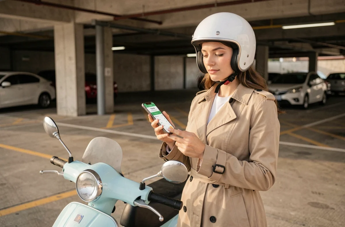 Femme en imperméable beige consultant une application d'assurance scooter sur smartphone dans un parking