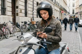 Jeune femme assise sur un scooter 125cc en ville consultant une application de comparateur d'assurance sur son smartphone