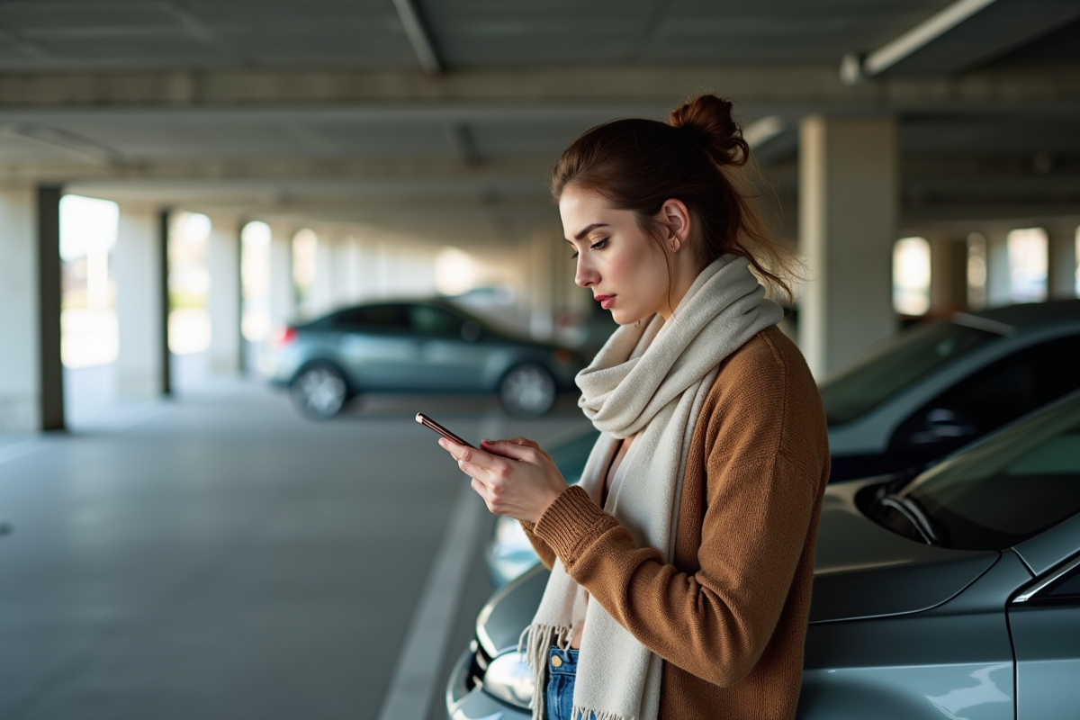 Jeune femme dans un parking souterrain utilisant son smartphone