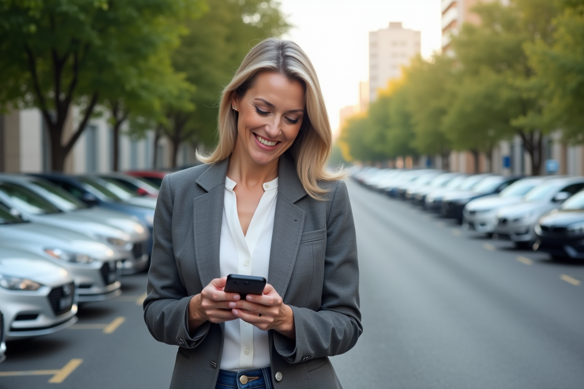 Femme souriante comparant des annonces de voitures d