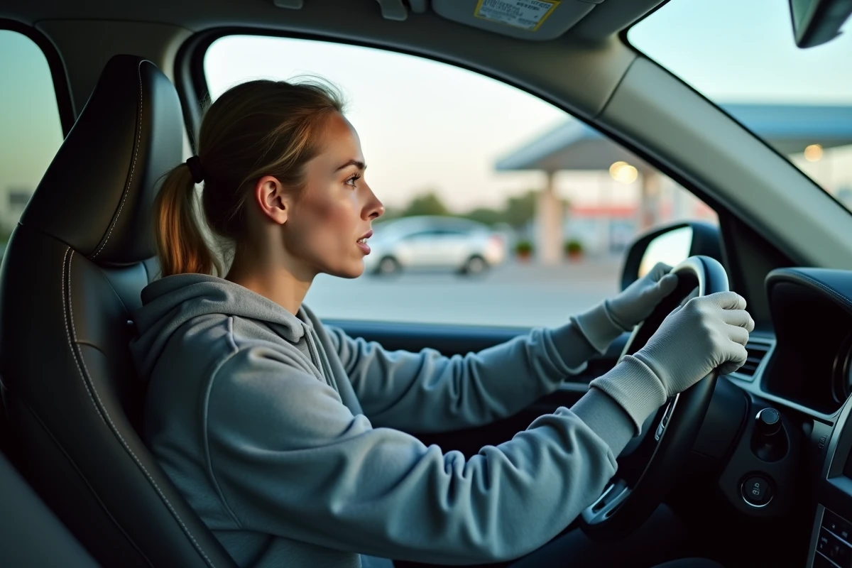 Femme conduisant un SUV à la station essence urbaine