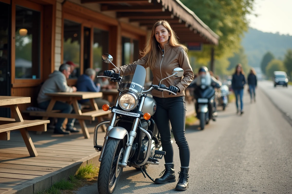 Femme avec moto au café de voyage en arrêt routier