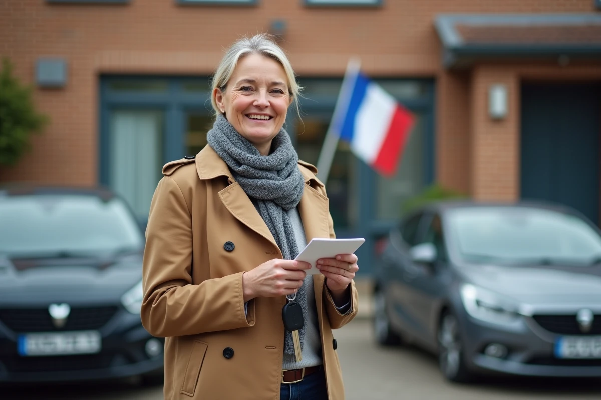 Femme souriante avec carte grise devant un bureau français